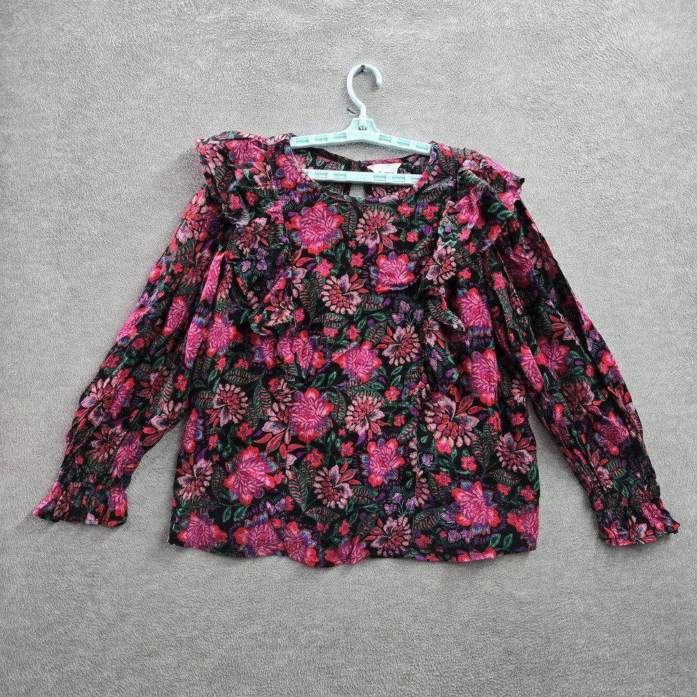 Terra & Sky Women Blouse 0X (14W) Black Floral‎ Ruffle Scoop Neck Pullover